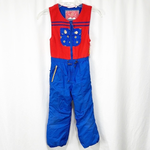 Obermeyer Vintage Kid's Snow Bibs Red and Blue Buttons Snow Pants 80s 90s size 5 - Picture 11 of 11